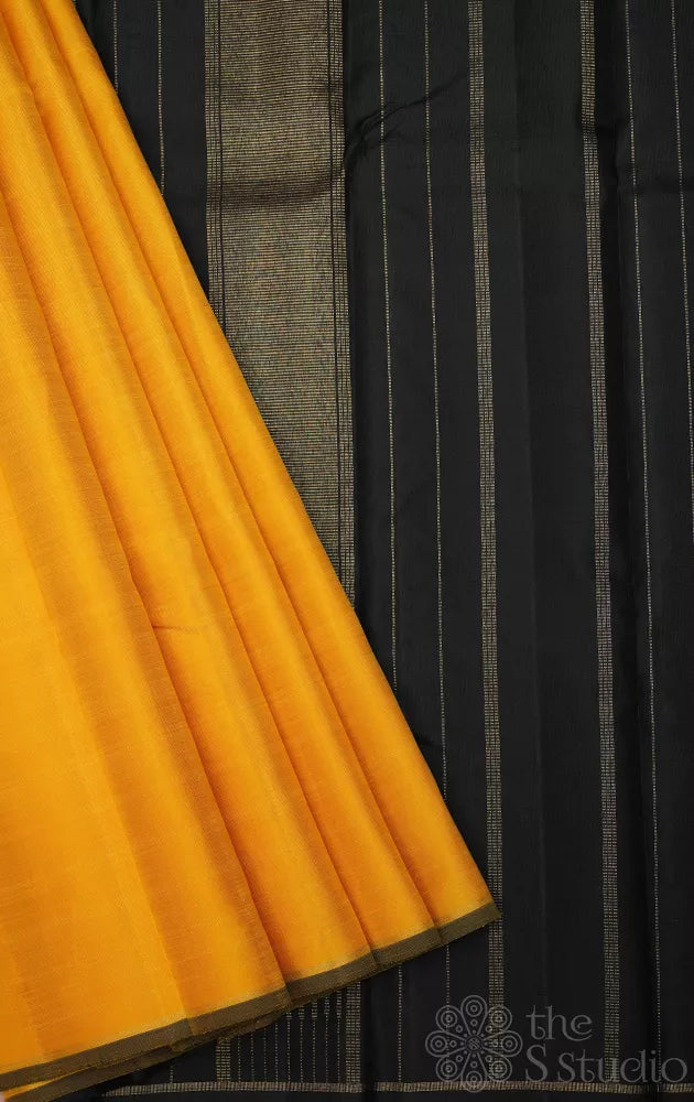 Plain Mustard yellow kanchi silk saree with black pallu