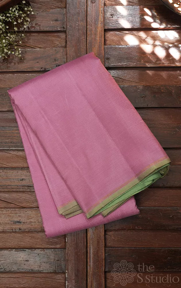 Onion pink plain kanchi silk saree with elachi green pallu