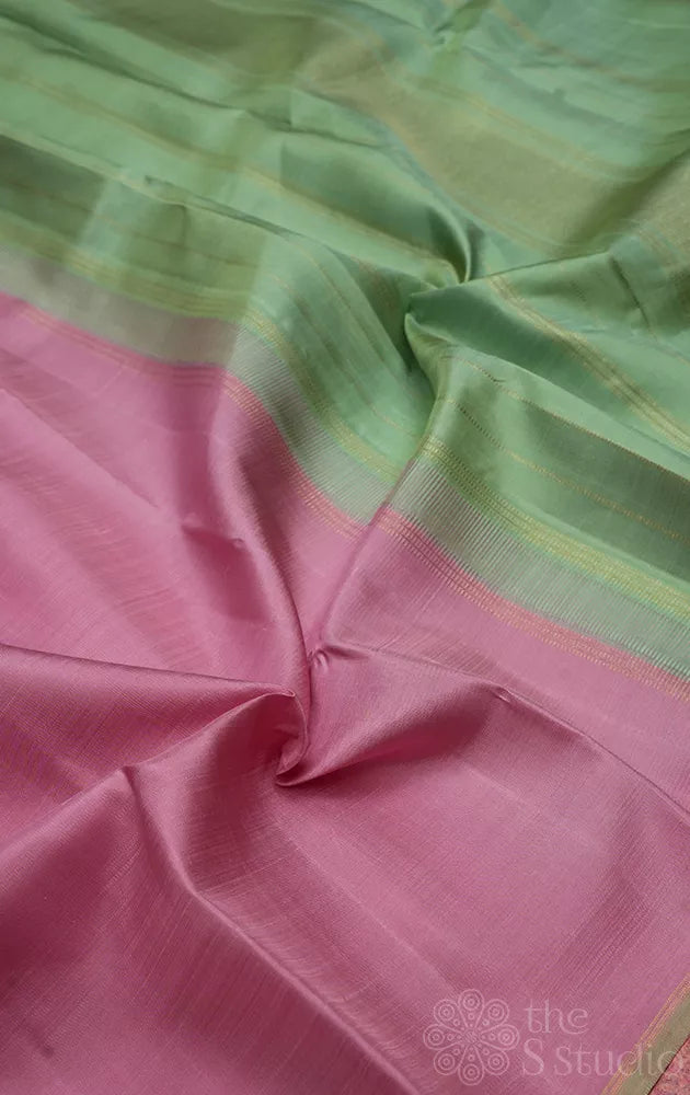 Onion pink plain kanchi silk saree with elachi green pallu
