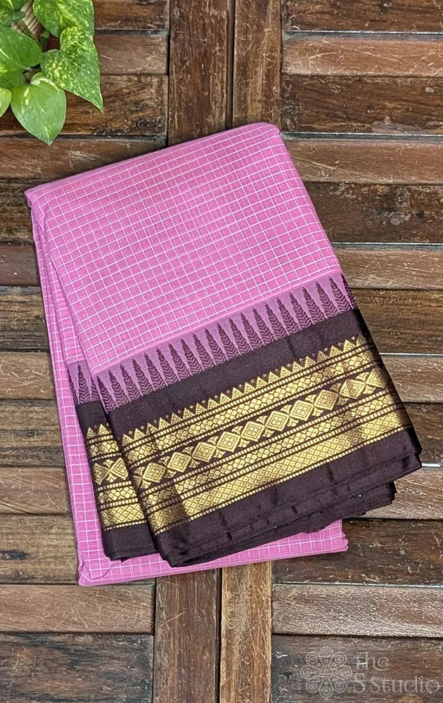 Light pink gadwal cotton saree with checks and brown border