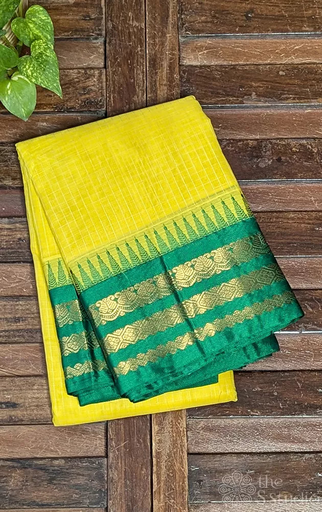 Lemon yellow gadwal cotton saree with checks and green border