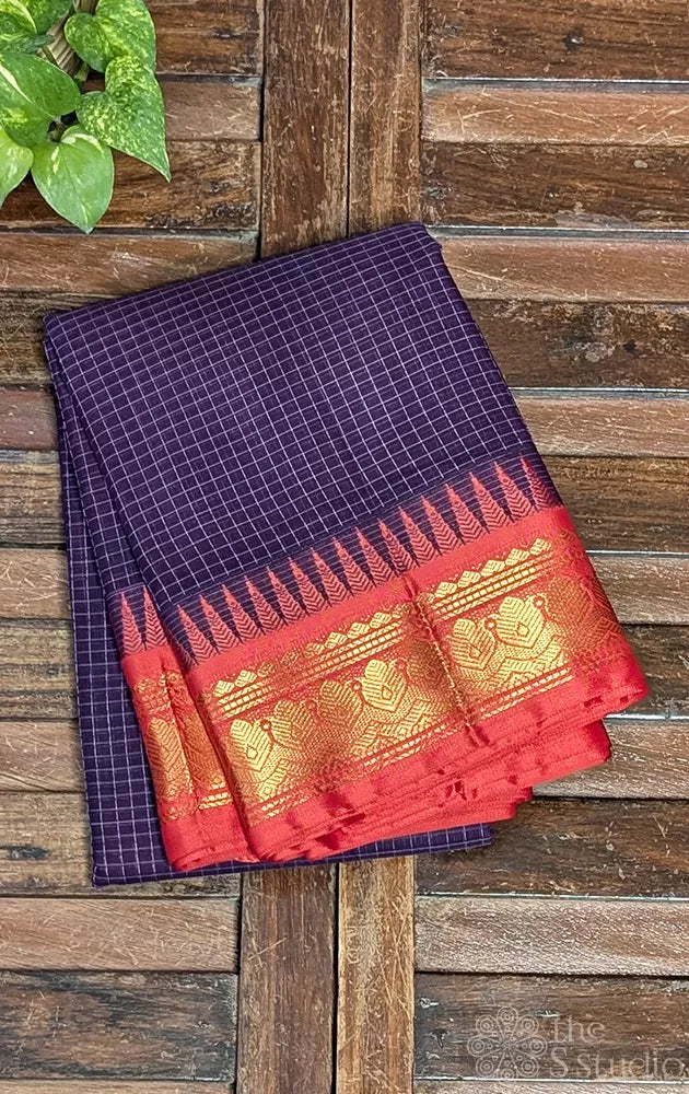 Jamun colour gadwal cotton saree with checks and red border