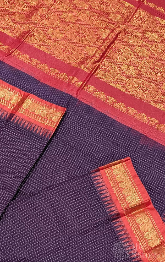 Jamun colour gadwal cotton saree with checks and red border