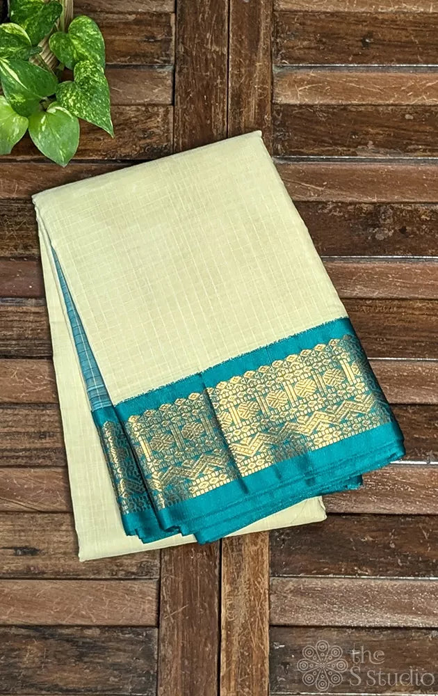 Cream gadwal cotton saree with checks and blue border