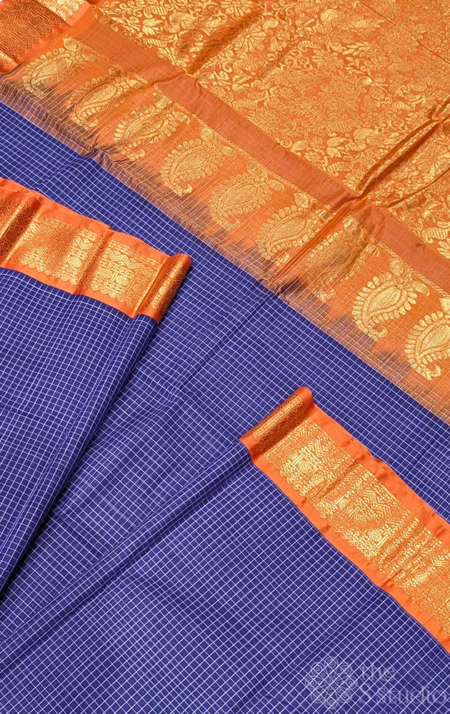 Navy blue gadwal cotton saree with checks and orange border