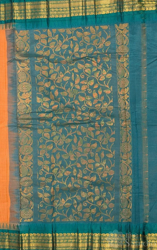 Light orange gadwal cotton saree with checks and teal green border