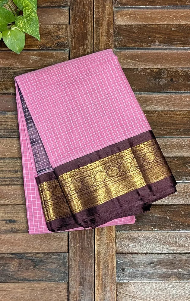 Pink gadwal cotton saree with checks and brown border