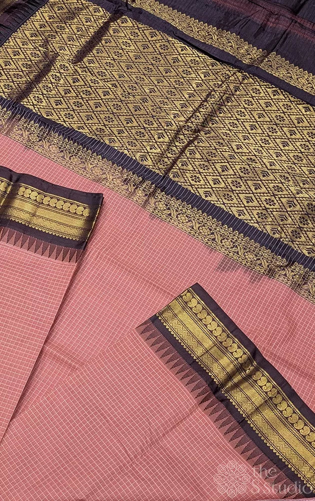 Cocoa brown gadwal cotton saree with checks and brown border