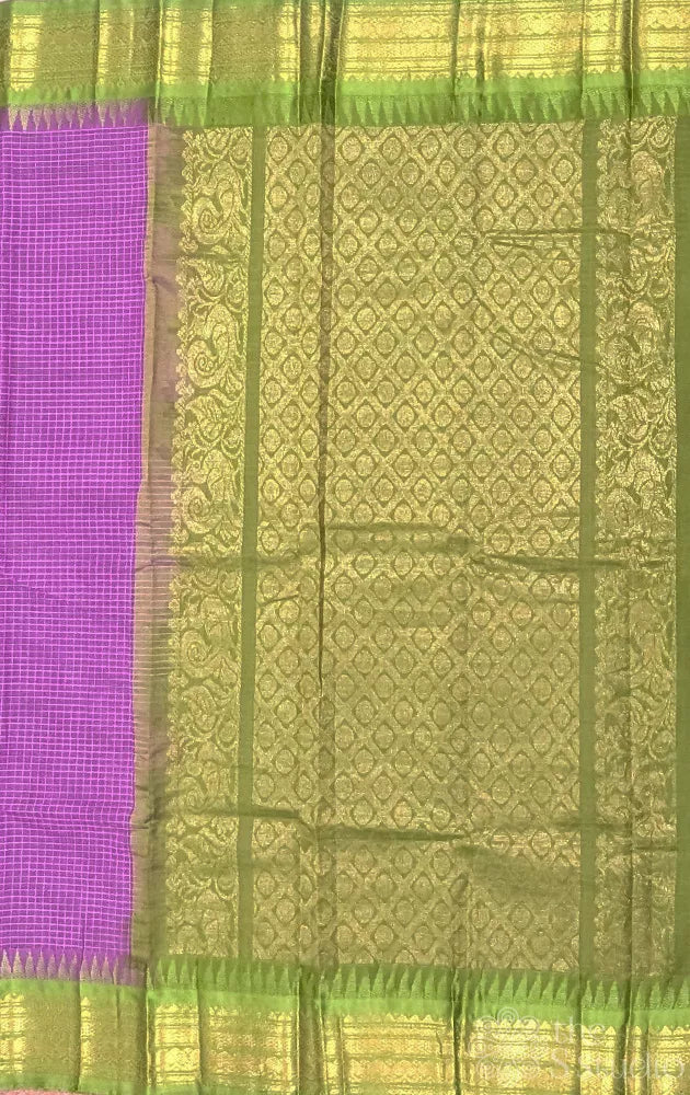 Light violet gadwal cotton saree with checks and light green border