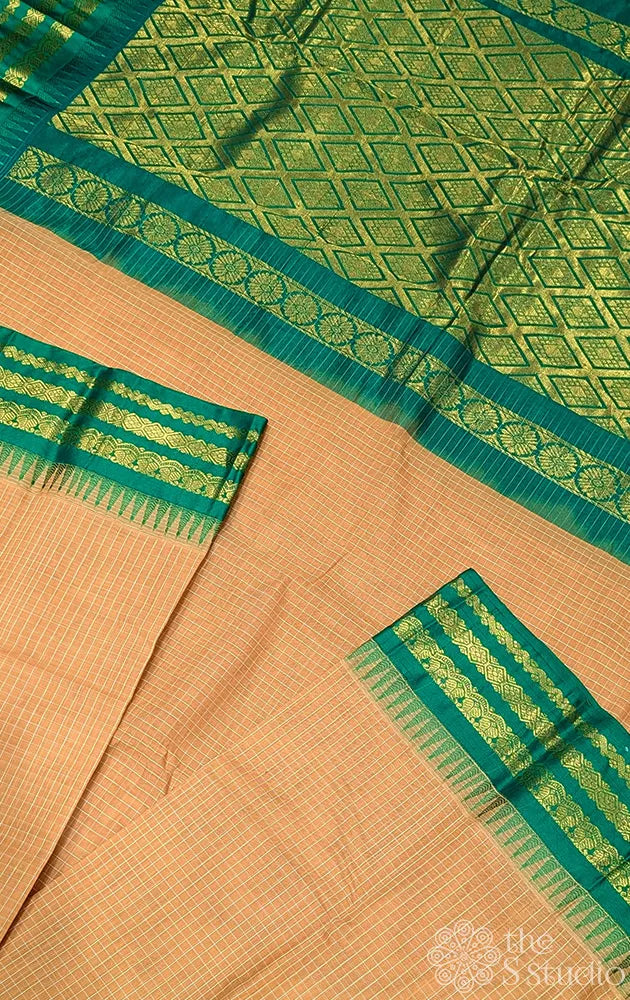 Beige gadwal cotton saree with checks and green border