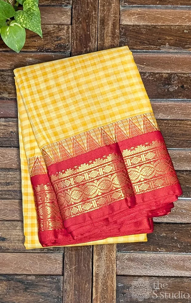 Mustard & yellow gadwal cotton saree with checks and red border