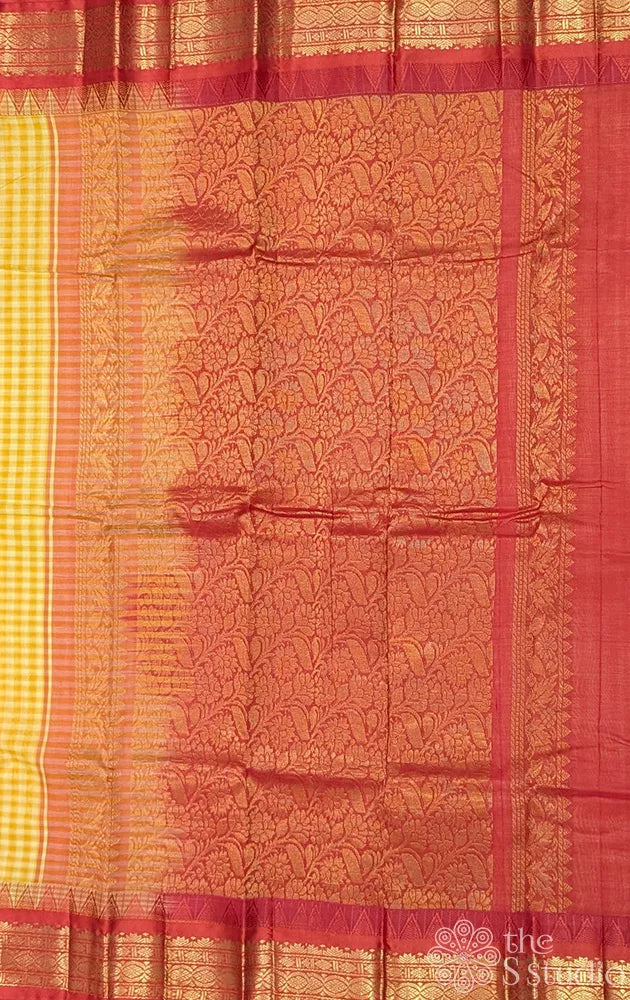 Mustard & yellow gadwal cotton saree with checks and red border
