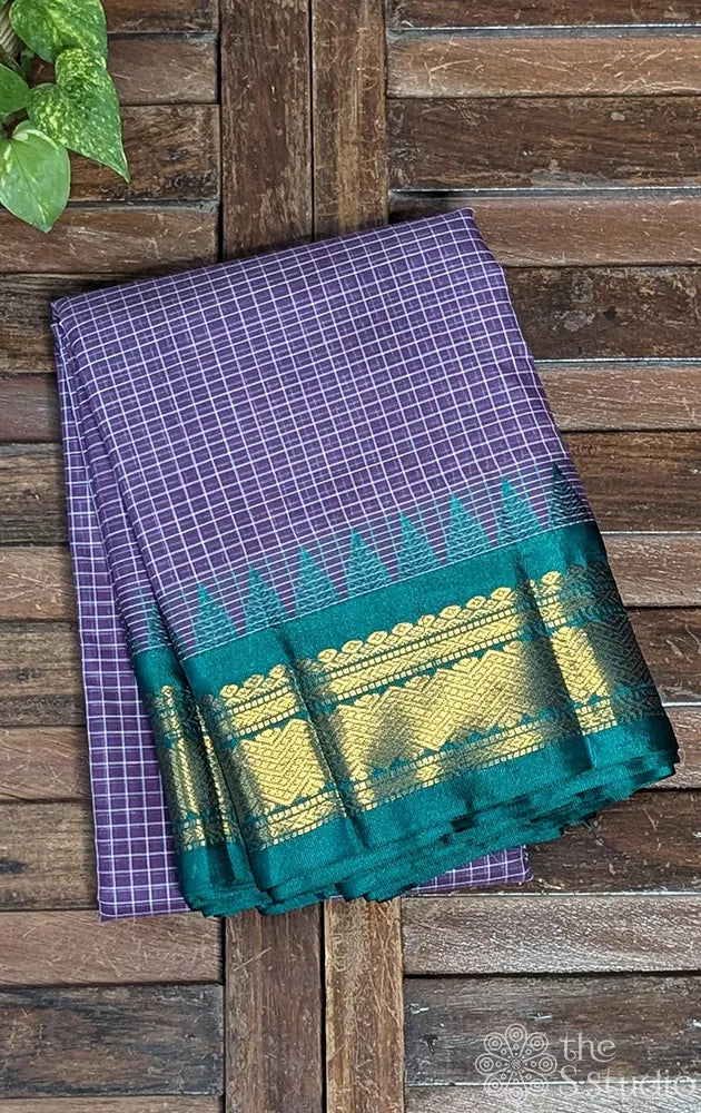 Dark violet gadwal cotton saree with checks and teal green border