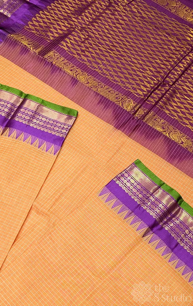 Light orange gadwal cotton saree with checks and purple border