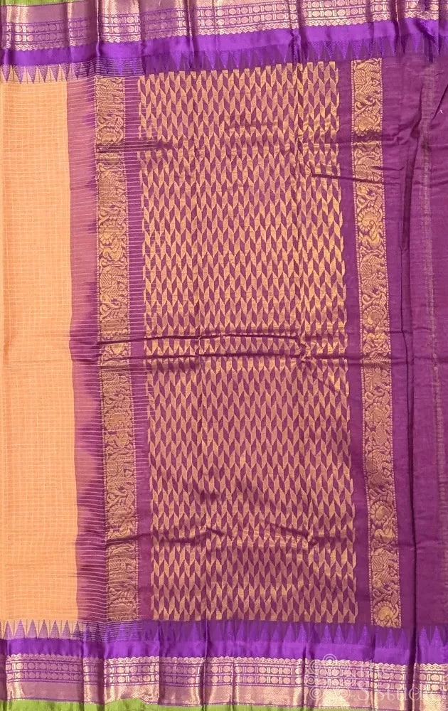 Light orange gadwal cotton saree with checks and purple border