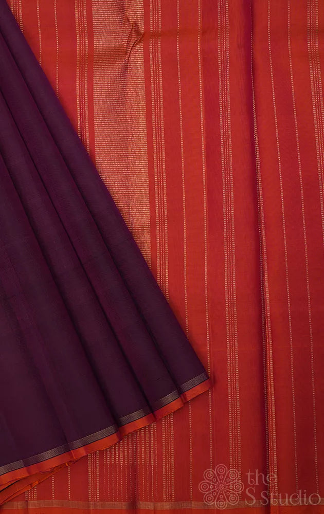 Deep purple plain kanchi silk saree with contrast pallu