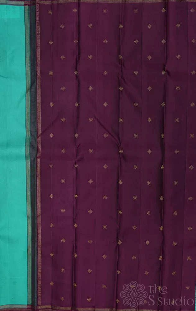Sea green colour plain kanchi silk saree with contrast pallu