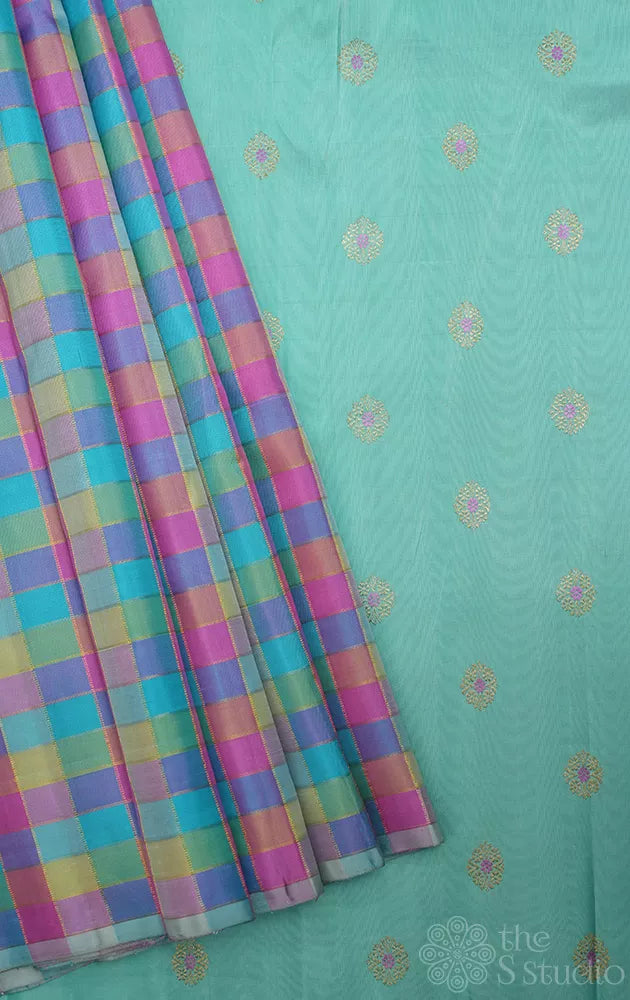 Pastel checked kanchipuram silk saree with pale blue pallu