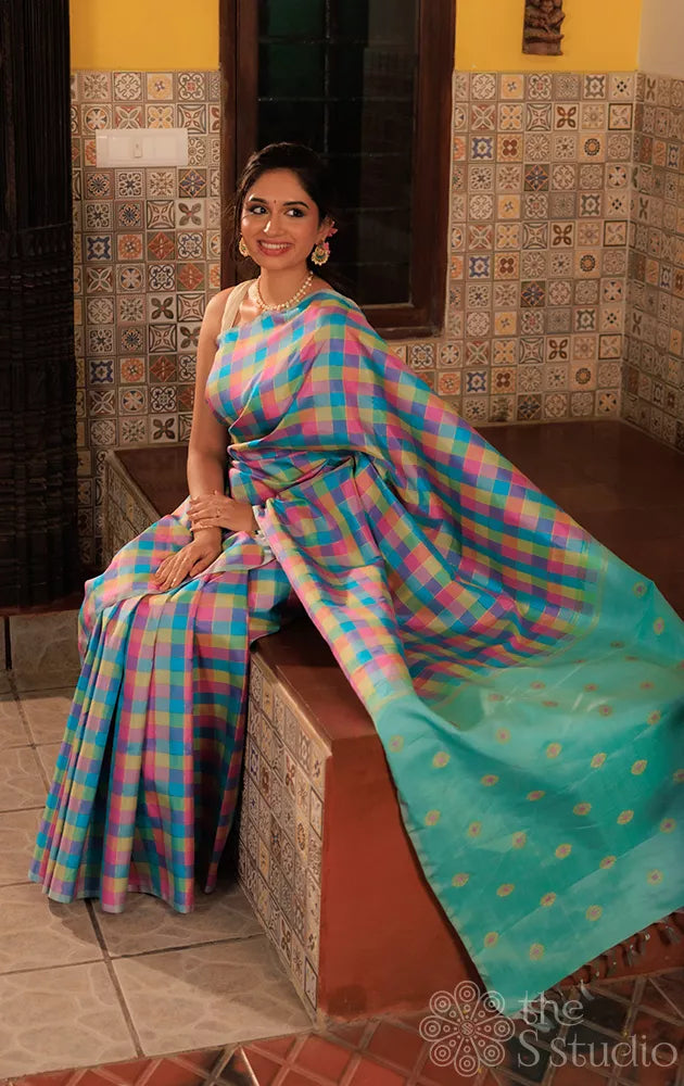 Pastel checked kanchipuram silk saree with pale blue pallu
