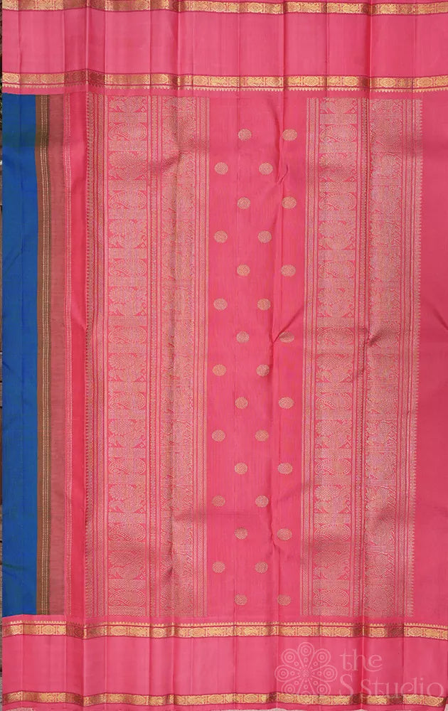 Peacock blue kanjivaram silk saree with korvai bubble gum pink border
