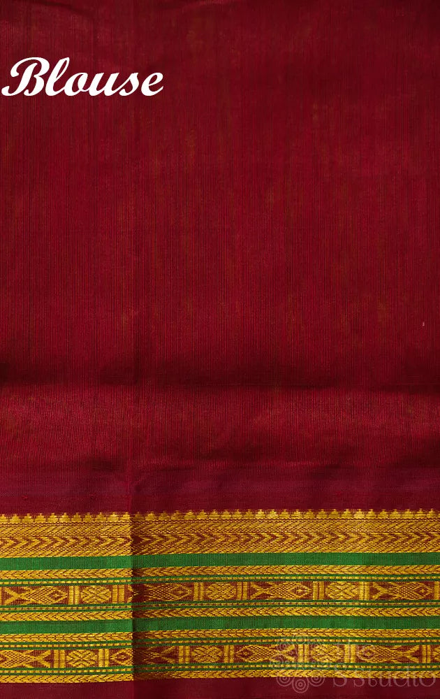 Light green handloom silk cotton saree with korvai maroon border