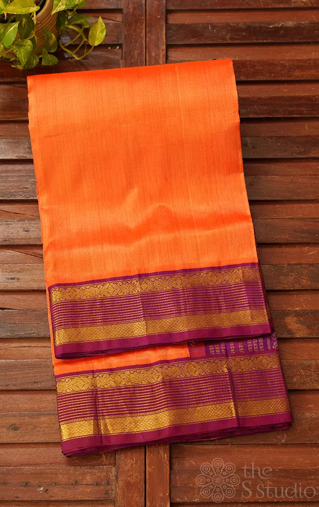 Orange handloom silk cotton saree with korvai rettaipet border