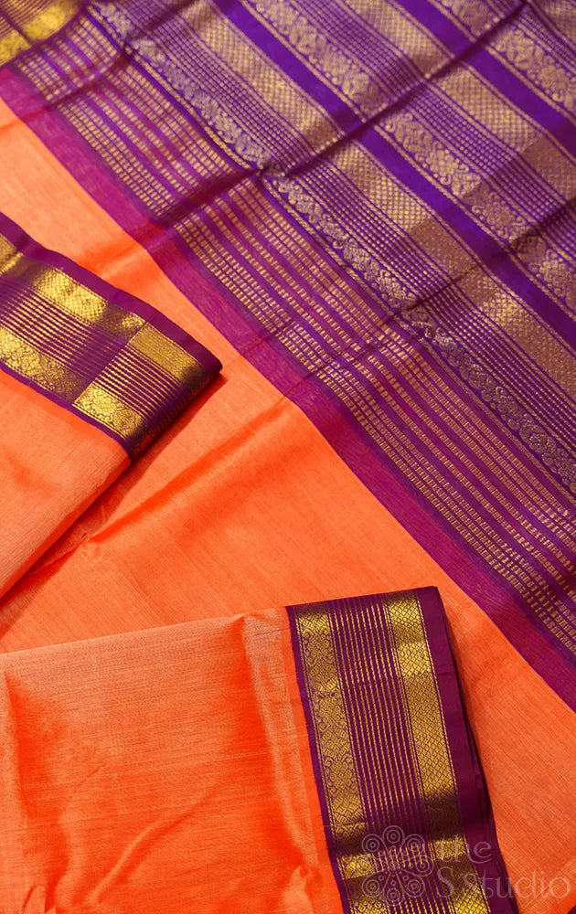 Orange handloom silk cotton saree with korvai rettaipet border
