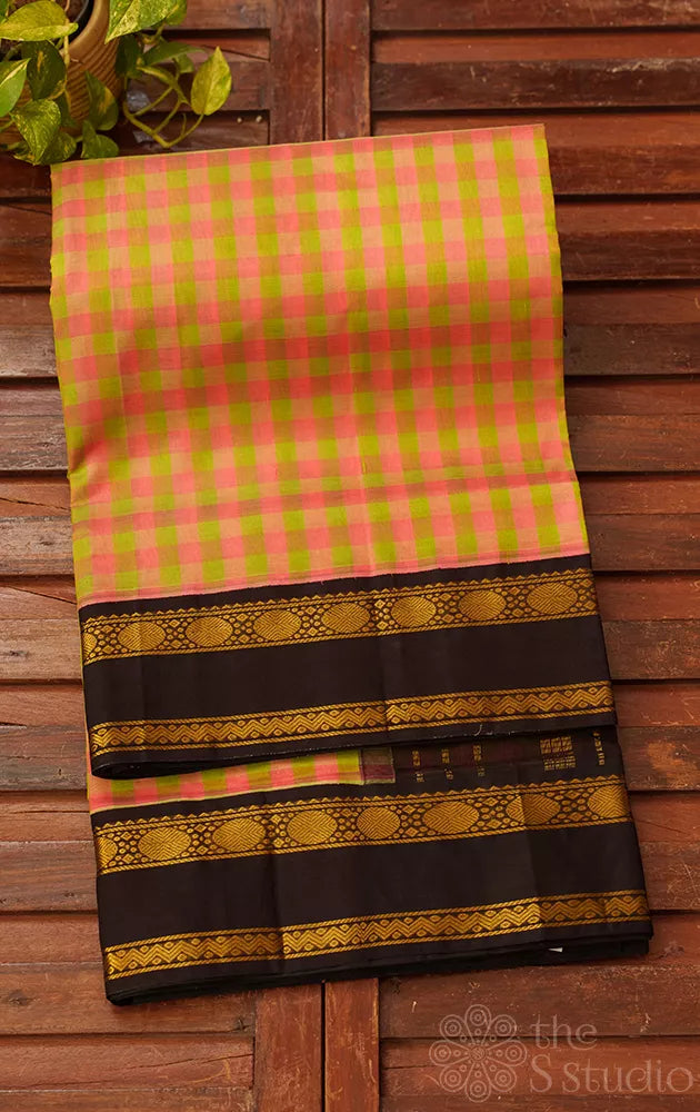 Light green and pink checks handloom silk cotton saree with korvai border
