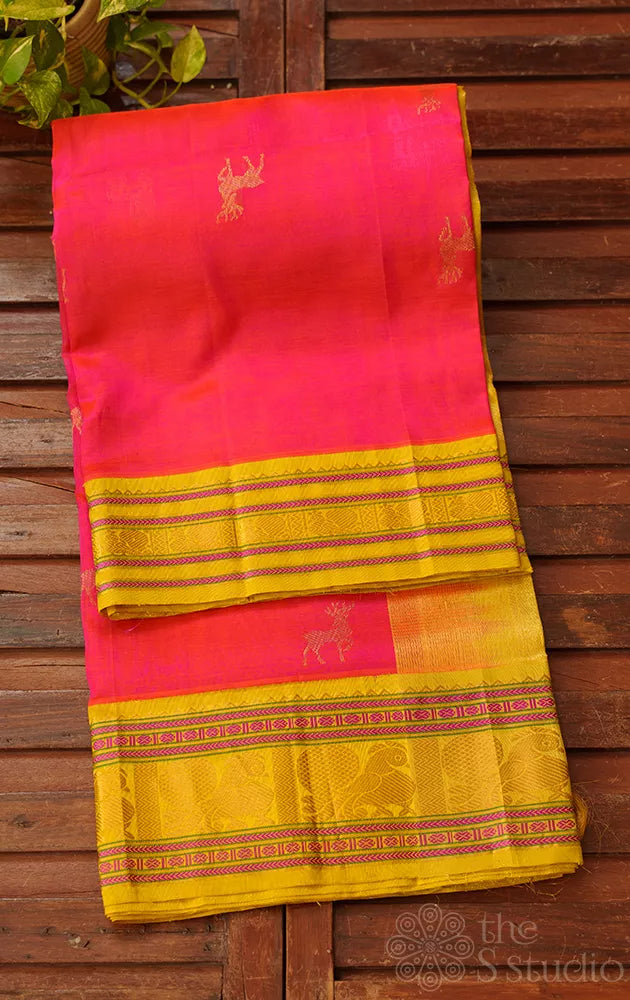 Peach handloom cotton silk saree with zari deer buttas