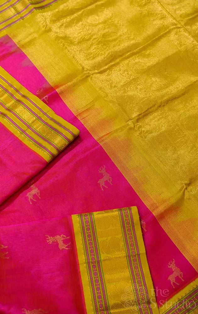 Peach handloom cotton silk saree with zari deer buttas