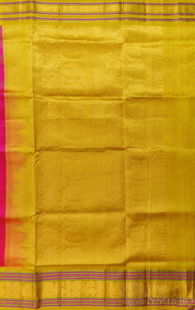 Peach handloom cotton silk saree with zari deer buttas
