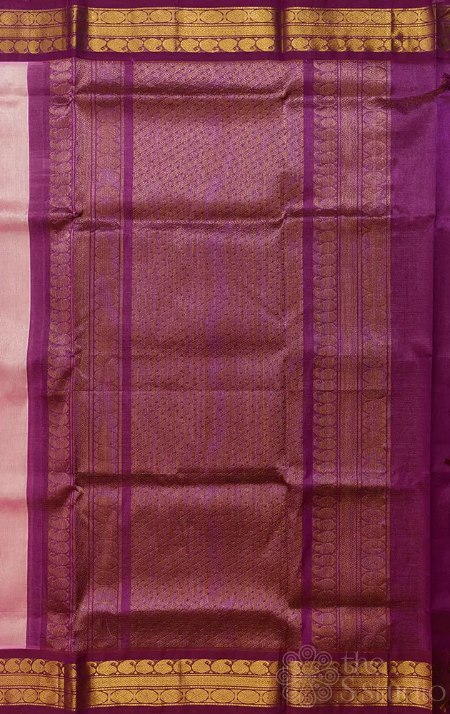 Light pink vairaoosi kanchipuram silk cotton saree with korvai purple border