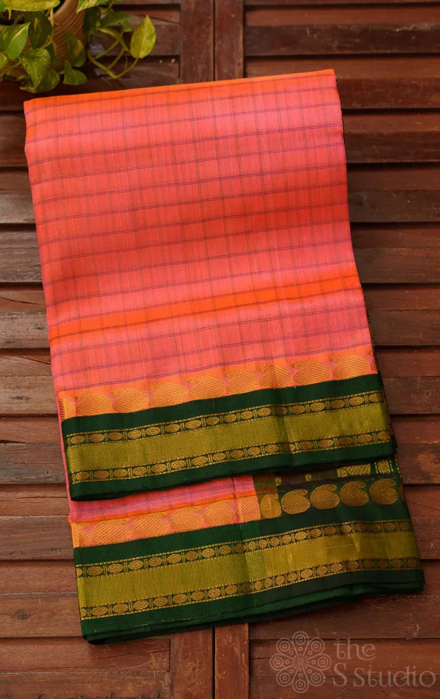Pinkish peach handloom cotton silk saree with checks