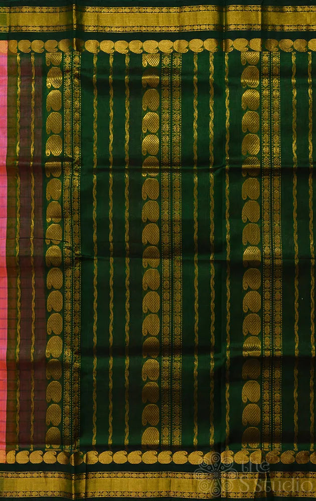 Pinkish peach handloom cotton silk saree with checks