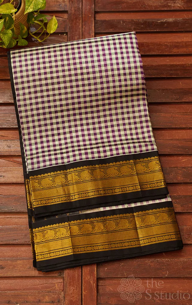 Multicolour checks handloom silk cotton saree with korvai border
