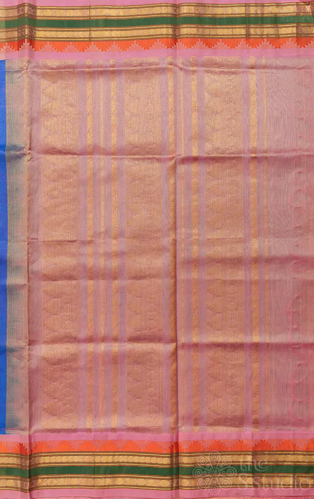 Cobalt blue plain silk cotton saree with korvai light pink border