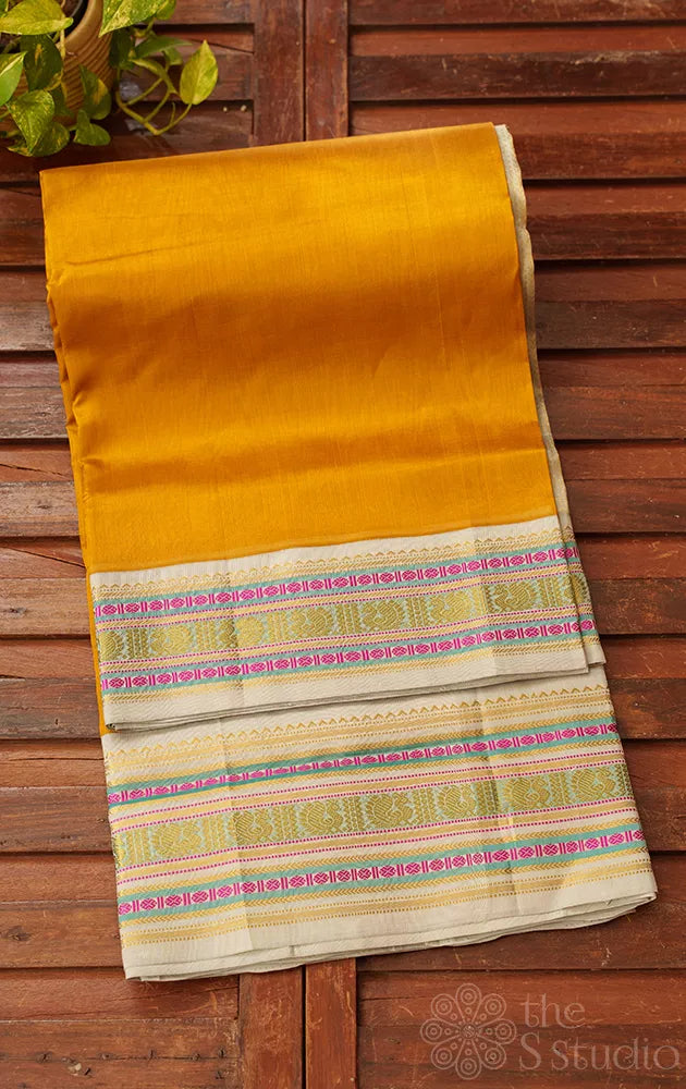 Methi mustard handwovenkanchipuram silk cotton saree with grey border