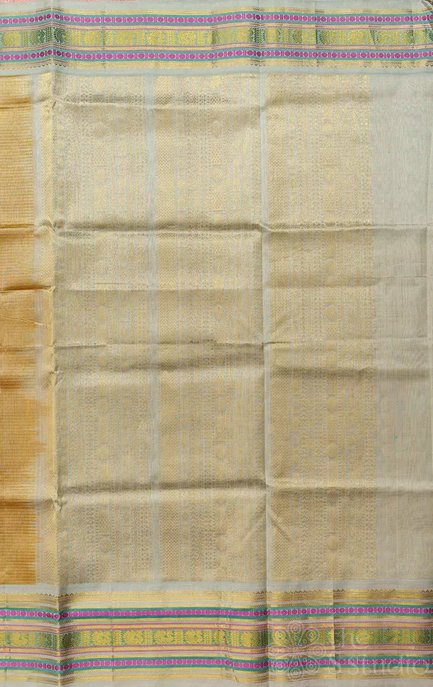Methi mustard handwovenkanchipuram silk cotton saree with grey border