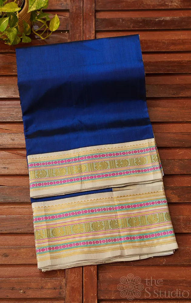 Royal blue handloom silk cotton saree with grey korvai border