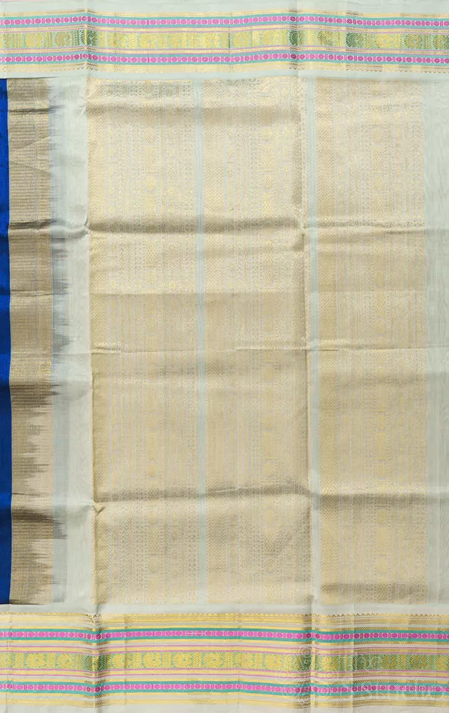 Royal blue handloom silk cotton saree with grey korvai border