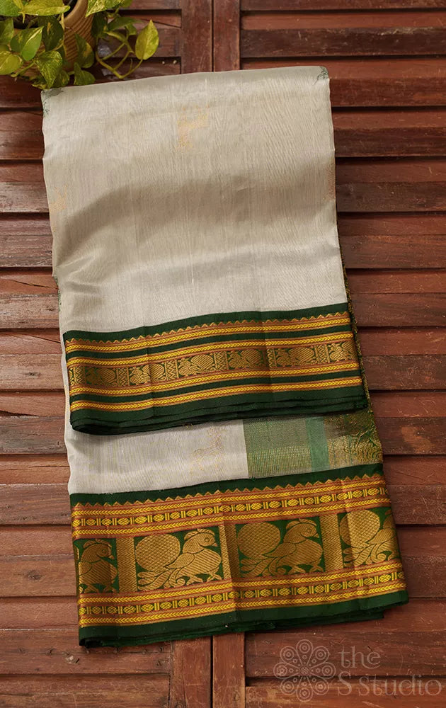 Grey handloom silk cotton saree with zari and thread deer buttas