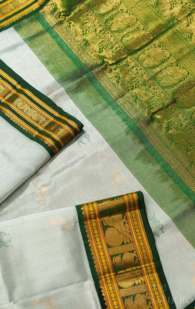 Grey handloom silk cotton saree with zari and thread deer buttas