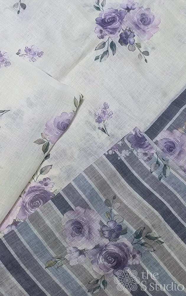 Off white linen saree with lavender floral prints