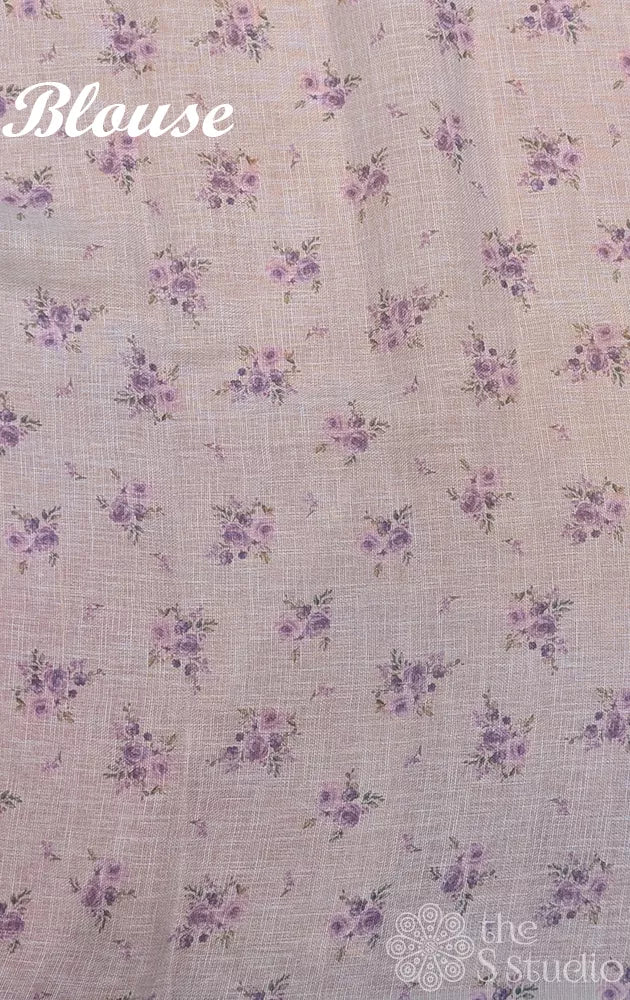 Off white linen saree with lavender floral prints