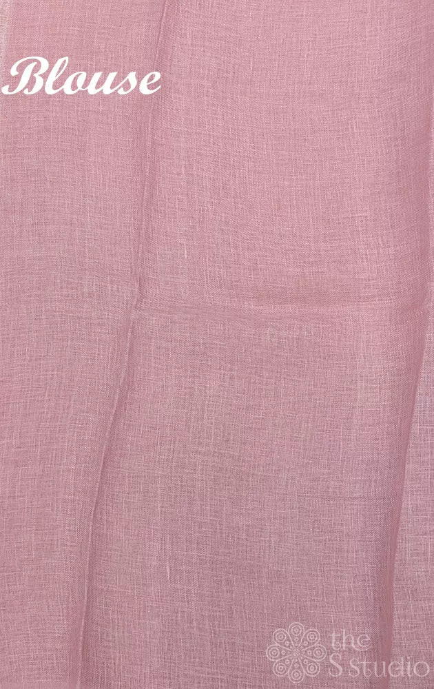Off white linen saree with onion pink colour floral prints