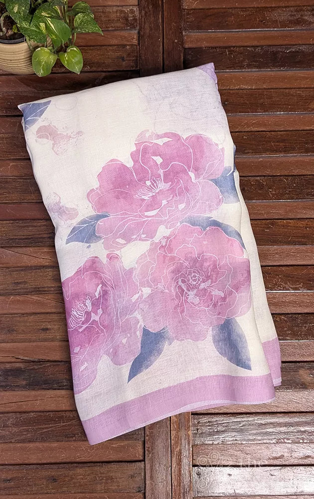 Off white linen saree with lavender floral prints