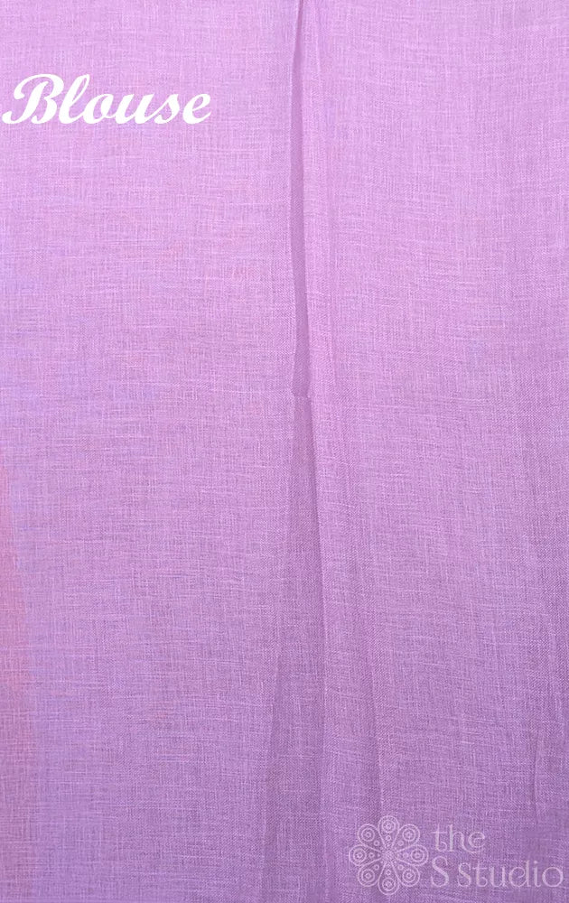 Off white linen saree with pink floral prints