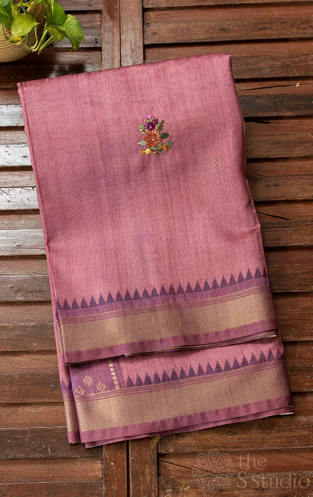 Purple semi tussar saree with embroidery