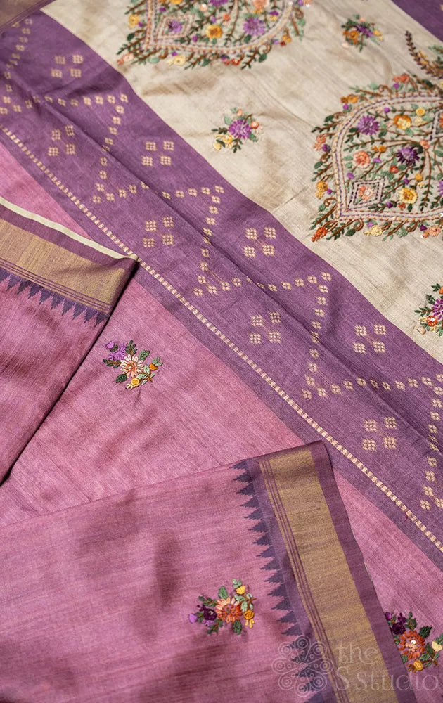 Purple semi tussar saree with embroidery