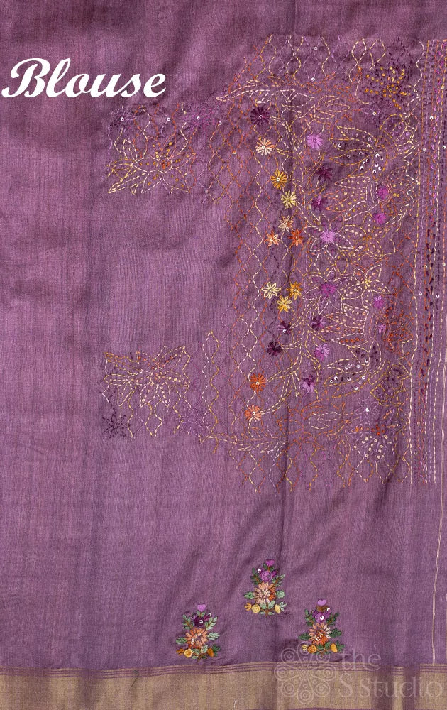 Purple semi tussar saree with embroidery